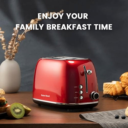 Roter Mond 2 Slice Toaster Retro Stainless Steel with Bagel, Cancel, and Defrost Functions, 6 Bread Shade Settings, Extra Wide Slots and Removable Crumb Tray, Red - color: Red