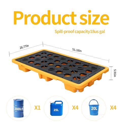 Spill Containment Pallet with Drain 26x14x4.7in 5.3Gal Capacity Spill Control for Countertop lab Chemical Containers Tabletop Garage Modular Nestable Easy (51x27x6in) - size: 51x27x6in