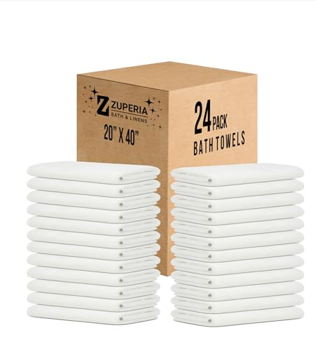 ZUPERIA White Bath Towels Bulk 24 Pack (20 x 40 Inches) - 100% Cotton Economy Light Weight Towels for Commercial Use - Quick Dry, Ultra-Soft, and Absorbent Bulk Towels - size: 20"x40" - Pack of 24