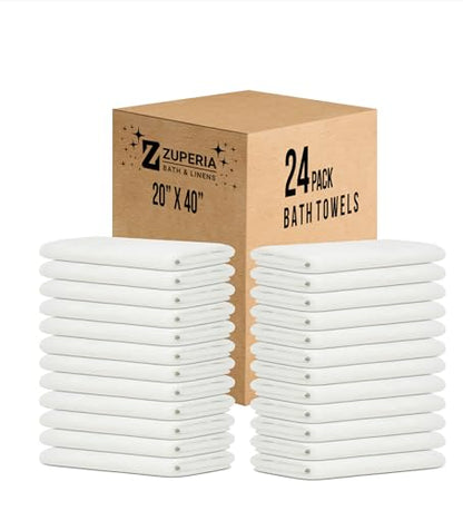ZUPERIA White Bath Towels Bulk 24 Pack (20 x 40 Inches) - 100% Cotton Economy Light Weight Towels for Commercial Use - Quick Dry, Ultra-Soft, and Absorbent Bulk Towels - size: 20"x40" - Pack of 24