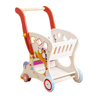 Wooden Baby Walker with Shopping Cart, Push Walker for 1 Year Old Learning to Walk, Shape Matching Block Game, Large Storage Toddler Walking Toy for Boys & Girls 6-12 Months