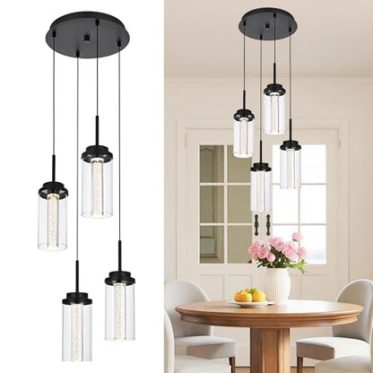 MELUCEE 4-Light Dimmable LED Pendant Light Black with Clear Glass Shade - color: Black, size: 4-Light-Round