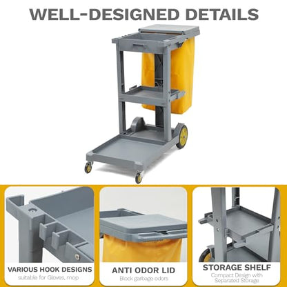 DWVO 3-Tier Janitorial Cart on Wheels, Grey Cleaning Housekeeping Cart - color: Gray