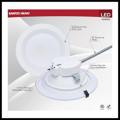 Satco S21603 35W Integrated LED 10 Inch Commercial Downlight Retrofit, Recessed Mount, 2700K-5000K CCT Selectable, 4200 Lumens, White Finish, 120-277V, Energy Star, JA8
