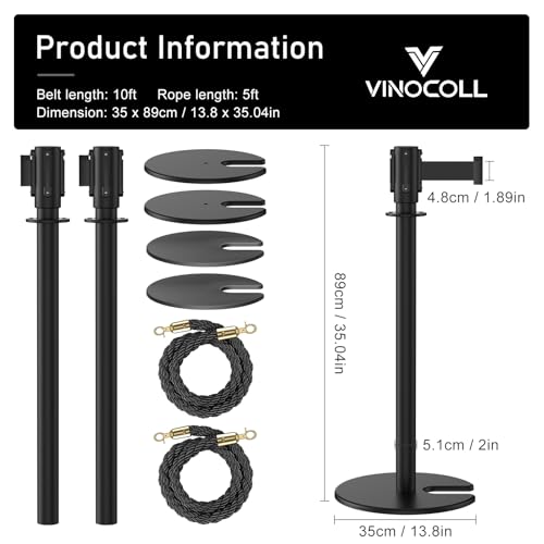 2Pack Stanchions with Retractable Belt and 2Pcs Hemp Rope (Black) - color: Black