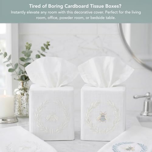 Jacaranda Living Square Tissue Box Cover, Linen/Cotton Fabric Tissue Holder, Decorative Cloth Tissue Cube Cover, Embroidered Bee Designs, Napoleon Bee Wreath (Beige) - color: Napoleon Bee Wreath (Beige)