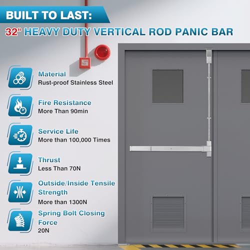 IRONWALLS Surface Vertical Rod Exit Device 32", Commercial Push Panic Bar - color: Silver, size: 32 Inch
