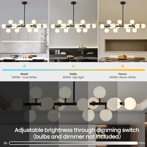 Black and Gold Chandelier Modern Rectangle Chandelier Glass Globe Pendant Light Fixture Adjustable for Dining Living Room Kitchen Island 16-Light - color: BlackGold-40in