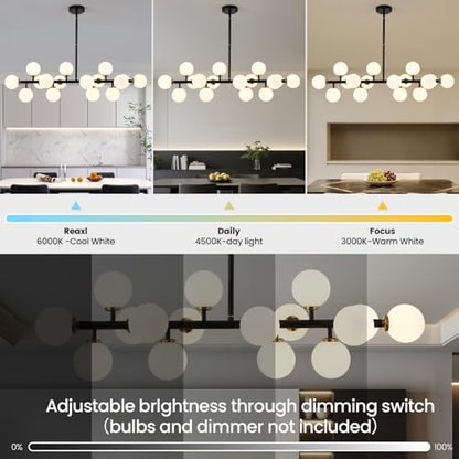 Black and Gold Chandelier Modern Rectangle Chandelier Glass Globe Pendant Light Fixture Adjustable for Dining Living Room Kitchen Island 16-Light - color: BlackGold-40in