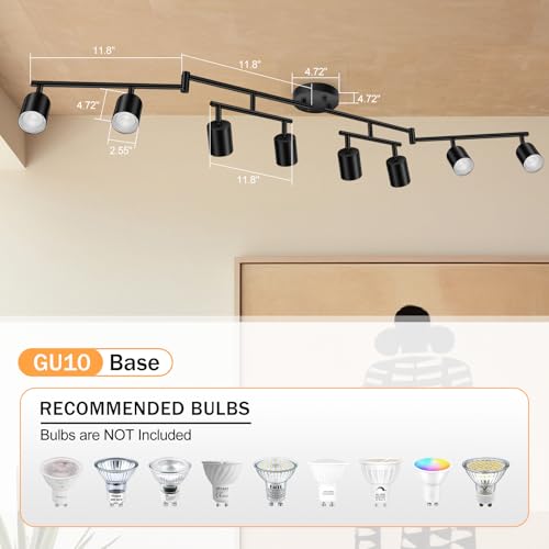 BoostArea LED 8 Light Track Lighting Kit, Black 8 Way Ceiling Spot Lighting, Flexibly Rotatable Light Head for Kitchen, Living Room, Bedroom, GU10 Bulb Not Included - color: 8 Light-Black