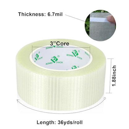 BOMEI PACK Transparent Bi-Directional Filament Strapping Tape 6.7 Mil x 1.88 Inch x 36yds Fiberglass Reinforced Tape for Strapping， Sealing，Binding, 1Pack