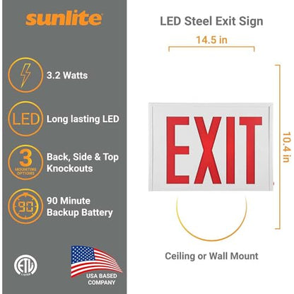 Sunlite 05276 LED Steel Exit Sign, White Housing with Bright Red Lettering, 90-Minute Battery Power Back-Up, Dual Voltage 120-277V, Ceiling or Wall Mount, Long Lasting, Fire Safety, NYC Compliant