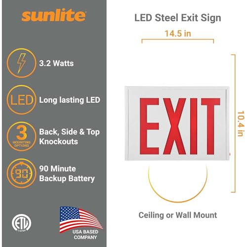 Sunlite 05276 LED Steel Exit Sign, White Housing with Bright Red Lettering, 90-Minute Battery Power Back-Up, Dual Voltage 120-277V, Ceiling or Wall Mount, Long Lasting, Fire Safety, NYC Compliant