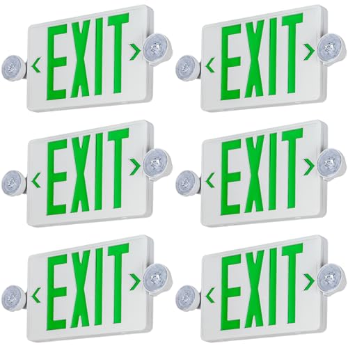 Green LED Exit Sign Emergency Light Combo UL, 6 Pack - color: White Housing+Green Letter+Light, size: 6 Pack