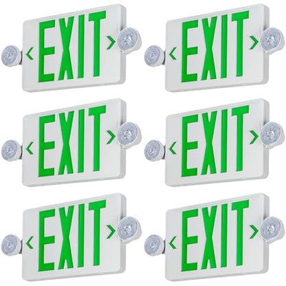 Green LED Exit Sign Emergency Light Combo UL, 6 Pack - color: White Housing+Green Letter+Light, size: 6 Pack