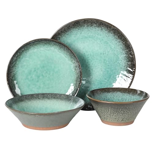 Gibson Elite Green Lantern Service for 4 (16 Piece) Double Bowl Dinnerware Set, Teal, Soft Gray, Dinnerware Set - color: Green (Green Lantern)
