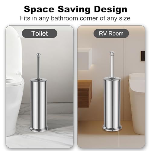 Silver Toilet Brush and Holder，Long Handled Gold Toilet Brush for Bathroom，Stainless Steel Heavy Duty Toilet Bowl Brush,Removable Inner Bowl,Deep Cleaning Dense Bristles Cleaner Brush -Space Saving - color: Silver