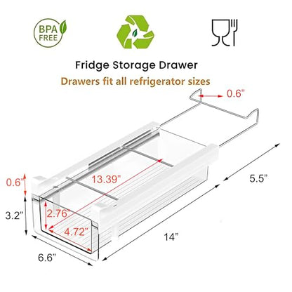 vacane Refrigerator Organizer Bins, Clear Plastic Fridge Drawer With Handle Pull Out Fridge Drawer Organizer Under Shelf Drawer For Cheese, Deli Meat, Drinks, Fruit, Vegetable, Heavy Duty-M