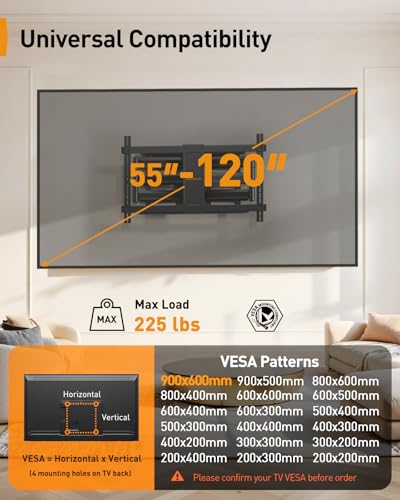 Perlegear Full Motion TV Mount for 55–120 inch TVs up to 225 lbs - size: Fits 55-120" TVs / Max 24" Wood Stud