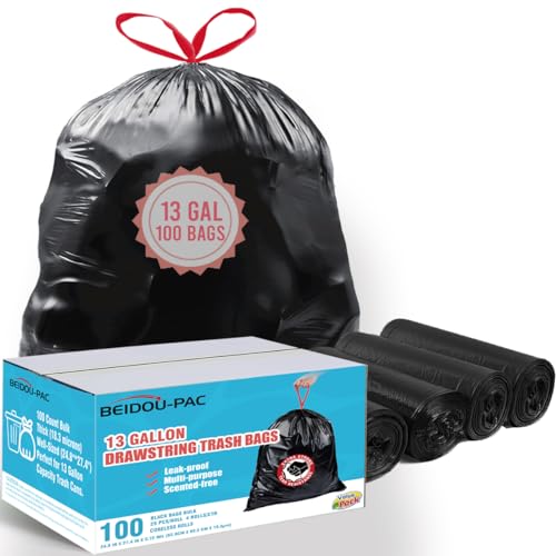 BEIDOU-PAC 13 Gallon Trash Bags Drawstring, 100 Count Bulk, Black & Unscented Garbage Bags, Multi-purpose Tall Kitchen Trash Bags Can Liners for Business Home Commercial and Industrial - style: 13 Gallon |100 Count