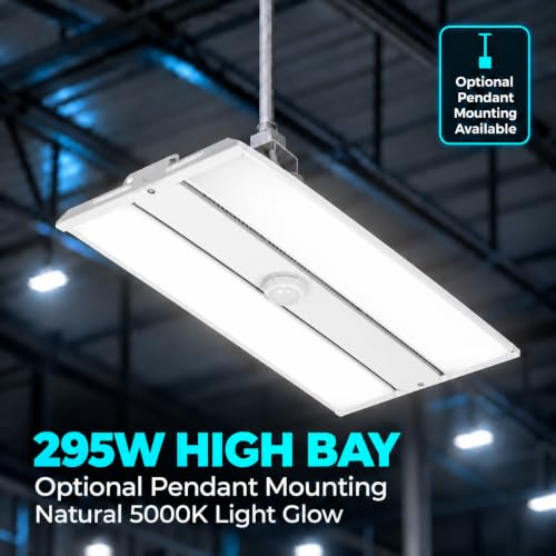 295W Linear LED High Bay Light with PIR Motion Sensor – 41300 Lumens, 5000K Daylight, 1000W Metal Halide Equivalent, UL Damp Rated, 120–277V, Suspended Mount, Warehouse & Industrial Lighting (10 Pack) - color: 10 Pack, size: 295W