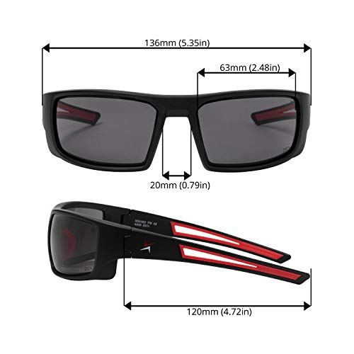 X Power ANSI Z87+ Safety Sunglasses Impact Resistant Polycarbonate Lens & Double Injection Frame - color: 002 Matte Black & Red Frame / Dark Grey Lens