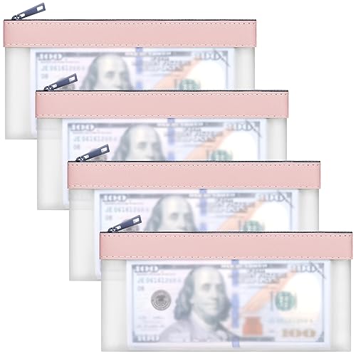 4pcs Storage Bags with Zipper, Pink TPU Money Pouch, Clear Bank Deposit Bags, Waterproof Cash Bag for Collectors, Multi-Purpose Check Wallet (Pink, 7.6 x 3.7 inch, 4 Bags) - color: pink