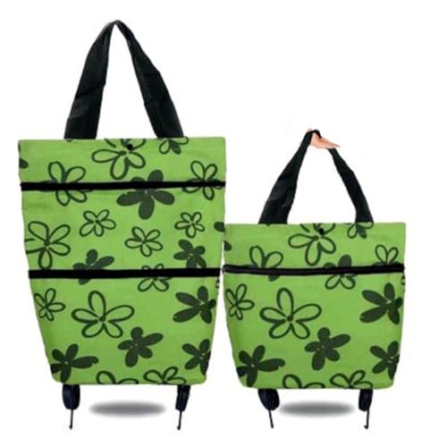 Foldable Wheeled Grocery Bag - Water-Resistant Rolling Tote - color: Green Flower