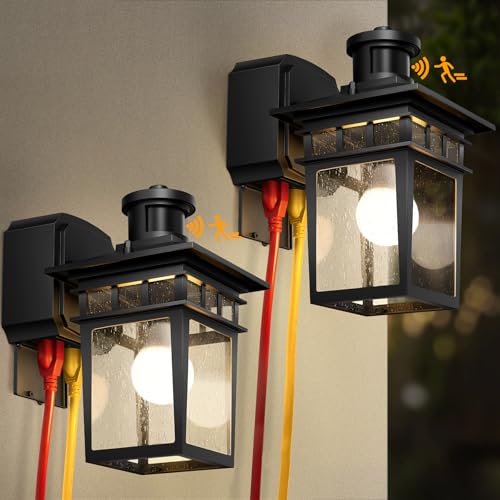 Porch Light with GFCI Outlet, 2 Pack Motion Sensor Outdoor Lights - color: Black, size: 2-Pack-Motion Sensor