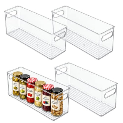 Plastic Food Storage 4 Pack Clear Container Bin with Handles for Organizing Kitchen, Pantry, Refrigerator, Freezer, Pantry, Cabinet, Closet, Bathroom. 12”x4”x5” - size: 12x4x5