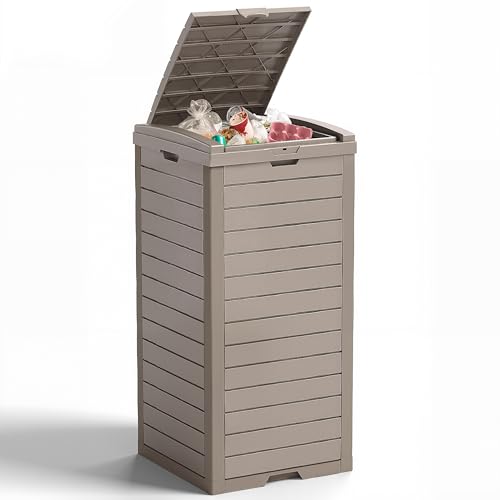 38 Gallon Outdoor Trash Can with Lid, Waterproof Resin Outdoor Trash Can Bottom with Pull-Out Liquid Drawer, Dual Lid Closure Garbage Can for Kitchen, Hideaway, Deck, Patio(Deep Grey) - color: Deep Grey, size: 16.1*16.3*33.9