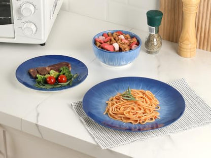 Sweejar Ceramic Dinnerware Service of 4,12 pcs Plate and Bowls for Kitchen - color: Blue, style: Service for 4 (12PCS)