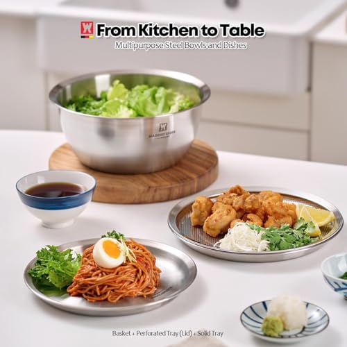 WAGENSTEIGER 3-Piece Stainless Steel Mixing Bowl Set with Strainer & Oil Drain Tray – Nesting Prep & Baking Bowls with Measurement Marks (9.45 in) - size: 9.45 in