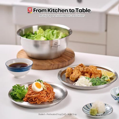 WAGENSTEIGER 3-Piece Stainless Steel Mixing Bowl Set with Strainer & Oil Drain Tray – Nesting Prep & Baking Bowls with Measurement Marks (9.45 in) - size: 9.45 in