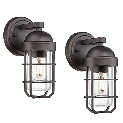 Emliviar Farmhouse Outdoor Wall Sconces, 2 Pack Vintage Exterior Light Fixtures with Nautical Metal Cage and Tempered Glass, Oil Rubbed Bronze Finish, GE255B-2PK ORB - color: Oil Rubbed Bronze - Clear Tempered Glass, size: 9.4 Inch