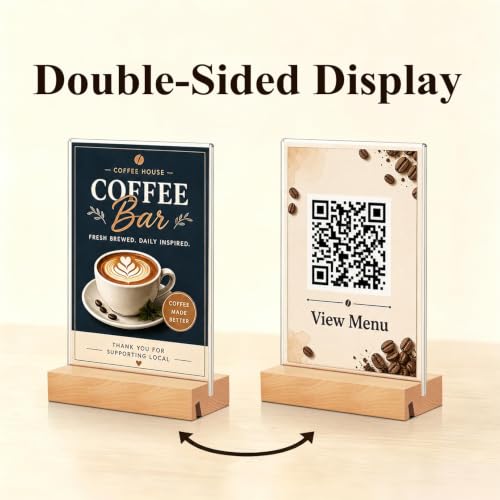 Acrylic Sign Holder with Wood Base, 4 Pack Vertical/Slant Acrylic Display - color: Natural, size: 4"x6"