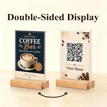 Acrylic Sign Holder with Wood Base, 4 Pack Vertical/Slant Acrylic Display - color: Natural, size: 4"x6"