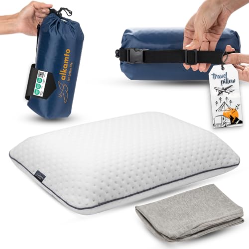 alkamto Travel & Camping Comfortable Memory Foam Pillow – Easy to Carry Portable Bag – Temperature Regulating Pillow Case - size: 15.7 x 10.6 x 3.9 In - White + Extra Cover