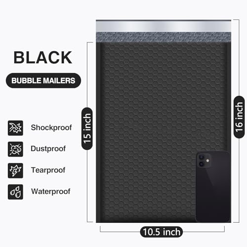 UCGOU Bubble Mailers 10.5x16" Black 25 Pack Usable Size 10.5x15" Padded #5 - color: Black, size: 10.5x16" 25PC