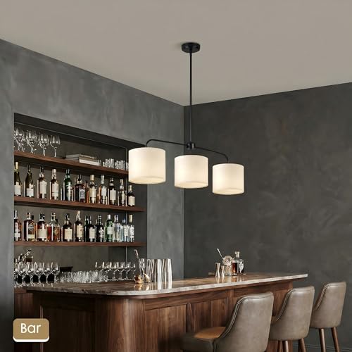 3-Light Black Linear Chandelier with Linen Beige Drum Shades, Modern Pendant Light Fixture for Kitchen Island, Dining Room, Living Room, Bedroom, E26 Base Compatible - color: 3 Light-Black