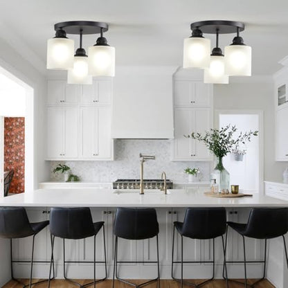Semi Flush Mount Ceiling Light with Clear Glass Shades,3-Lights Industrial Semi Flush Mount Ceiling Light, 3-Light Industrial Black Light Fixtures Ceiling Mount for Kitchen Living Room Foyer - color: 3-Lights Milk Glass, size: 1 Pack
