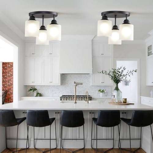 Semi Flush Mount Ceiling Light with Clear Glass Shades,3-Lights Industrial Semi Flush Mount Ceiling Light, 3-Light Industrial Black Light Fixtures Ceiling Mount for Kitchen Living Room Foyer - color: 3-Lights Milk Glass, size: 1 Pack
