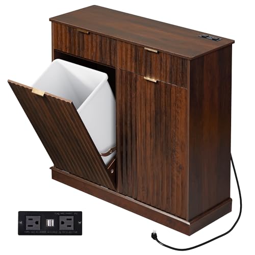 WLIVE 2 * 10 Gallon Double Tilt Out Trash Can Cabinet, Hidden Trash Can Cabinet with 2 AC+ USB Outlets, Storage Drawers, Food/Clothes Storage Pet Proof Kitchen Trash bin Cabinet for Home, Brown - color: Brown, size: Double Doors with Outlets