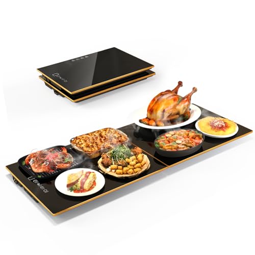 Food Warmers for Parties Buffet, （31.5"x12"） Assemblable Stackable Electric Warming Tray with 8-Level Temperature Adjustment and 8-Hour Timer, Upgraded Desktop-Protecting Food Warming Mat - size: Dual-Plate:31.5"x12"
