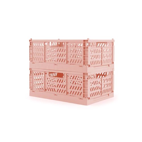 2 Pack Stackable Storage Crates, Plastic Foldable Baskets Small Pink - color: Pink, size: Small: 11.8" x 7.8" x 4.7"