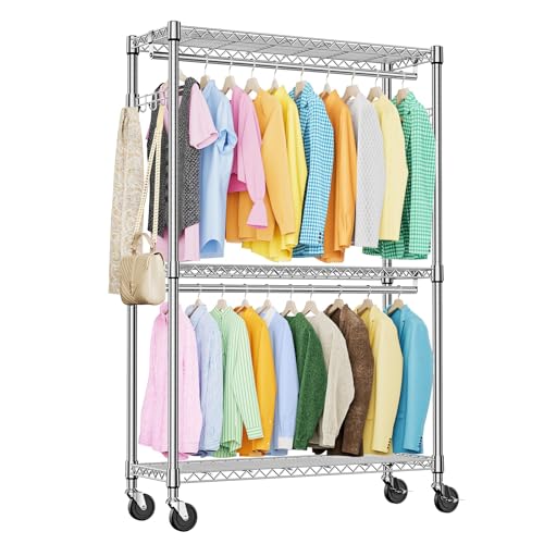 IZEUK Heavy Duty Rolling Garment Rack Wire Clothes Rack for Hanging Clothes (Chrome, 3 Tier with 2 Rod, 15.7" D x 45.3" W x 79.6" H) - color: Chrome, size: 3 Tier with 2 Rods, 15.7"D x 45.3"W x 79.6"H
