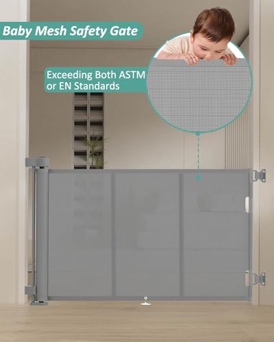 Miumoon 71 inch Reinforced Retractable Baby Gates 34 inch Tall - color: Gray, size: 34" Tall x 71" Wide
