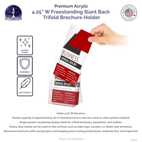 Marketing Holders 2 Pack 4.25" Brochure Holder Countertop Holds Rack Cards Tri Fold Ad Pamphlet Caddy for Waiting Rooms Gyms and Retail Shops Clear Acrylic