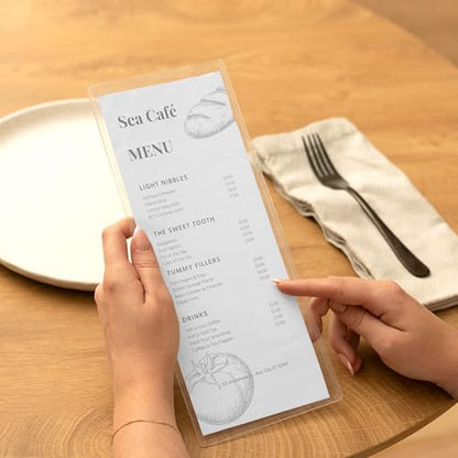 Ilyapa Restaurant Menu Covers 4.25 x 11 Inch - 30 Pack, Single Page, 2 View Clear Sleeves Holder for Restaurant, Durable PVC Hard Plastic Menu Holder - color: Clear, size: 4.25 x 11