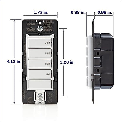 Leviton Countdown Timer Switch for bathroom fan and household lights, 5-10-15-30 min, No Neutral Required, Single Pole, 15A, 1/2 HP/9.8A Fan/Motor, DT130-1LW, White - size: 15 Amp